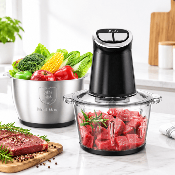 800W Electric Food Processor with LED Timer, Dual Bowl System, 12-Cup Capacity