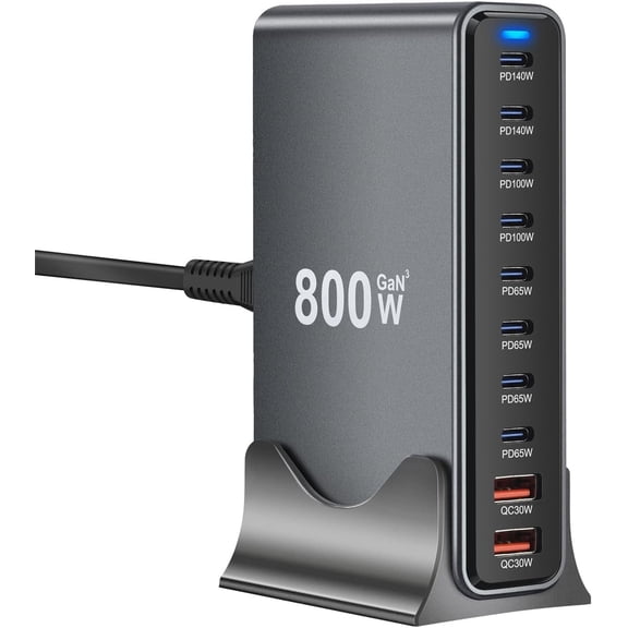 800W GaN III 10-Port USB-C Charging Station - Fast Charger Station Hub for Laptop Charger Adapter Compatible with MacBook Pro/Air, DELL, Steam Deck, iPhone 17/16/15, Galaxy S25