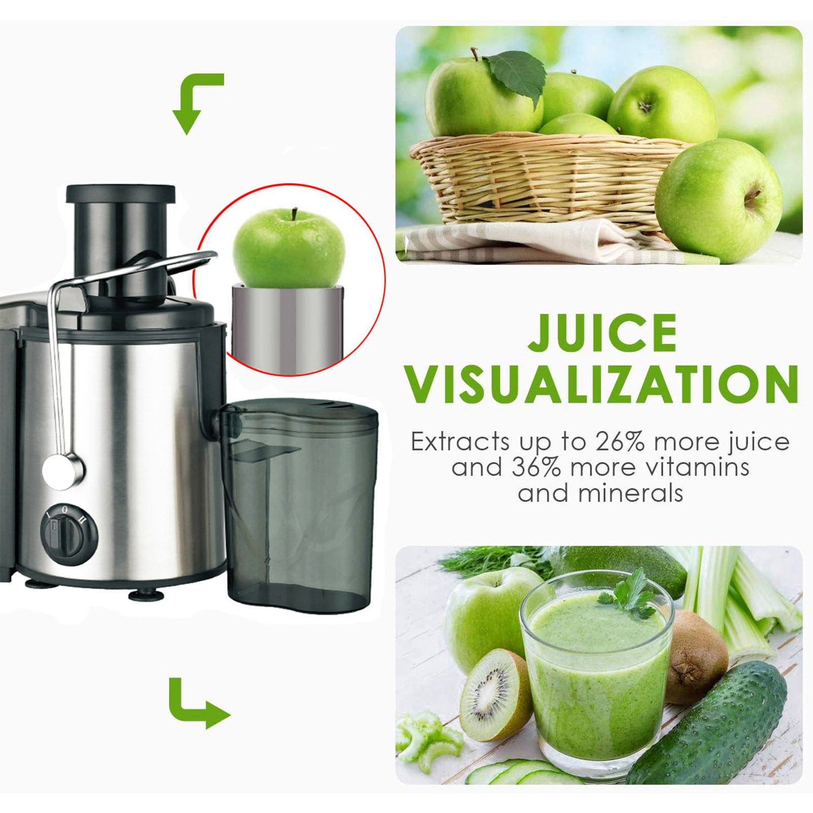 800W Juicer Machine, Stainless Steel Big Mouth Automatic Electric