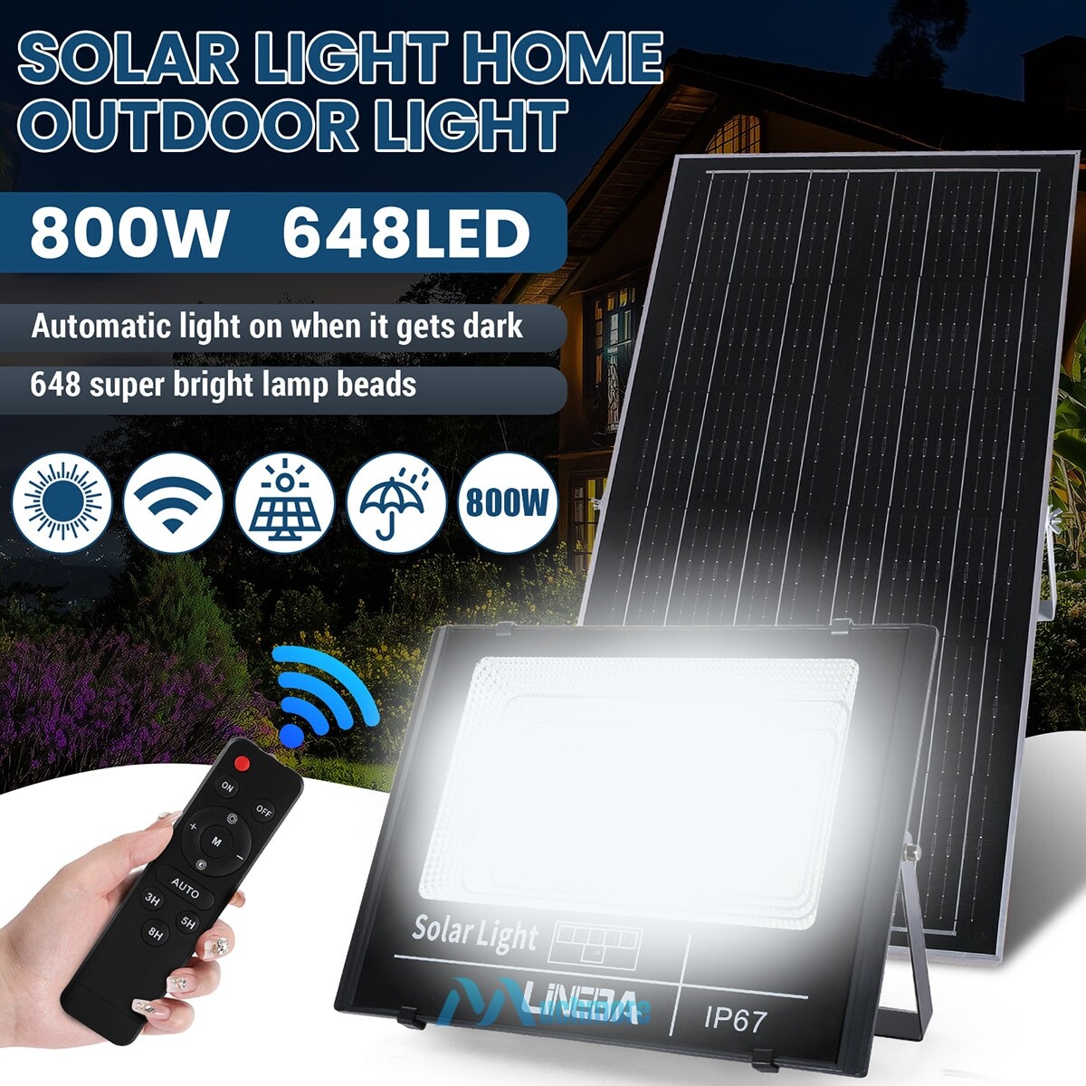 800W LED Solar Flood Lights Outdoor Street Light Dusk To Dawn Wall Lamp + Remote