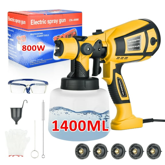 800W Paint Sprayer, 1400ml Electric HVLP Spray Gun, 5 Brass Nozzles, 3 Spray Patterns, Flow Control, Easy to Clean for Home and Outdoors, Painting Projects, Yellow
