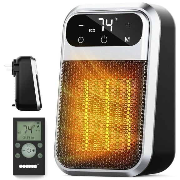 800W Plug In Heater With Remote - Outlet Space Heater With Touch LED Display, Small Electric Wall Heaters For Indoor Use With Adjustable Thermostat And 12H Timer For Bathroom Office