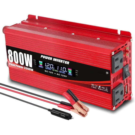 800W Power Inverter DC 12V to 110V/120V AC Converter with LCD Display AC Outlets and USB Port Charger for Laptop Red