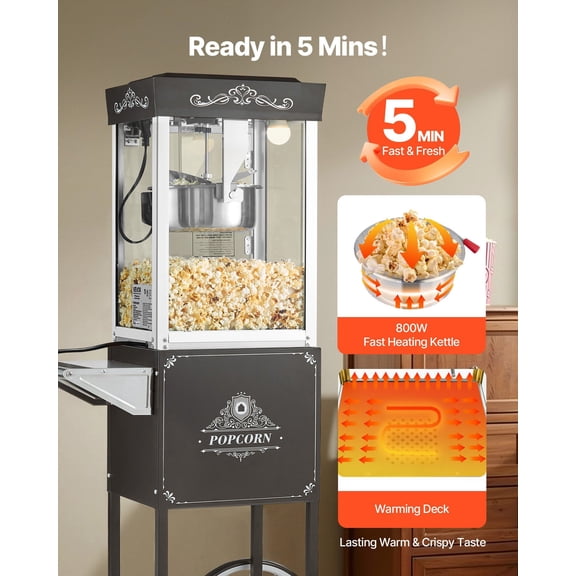 800W Stainless Steel Popcorn Machine with Cart - 48 Cup Commercial Popper, Theater Style Glass Door & Utensils Included