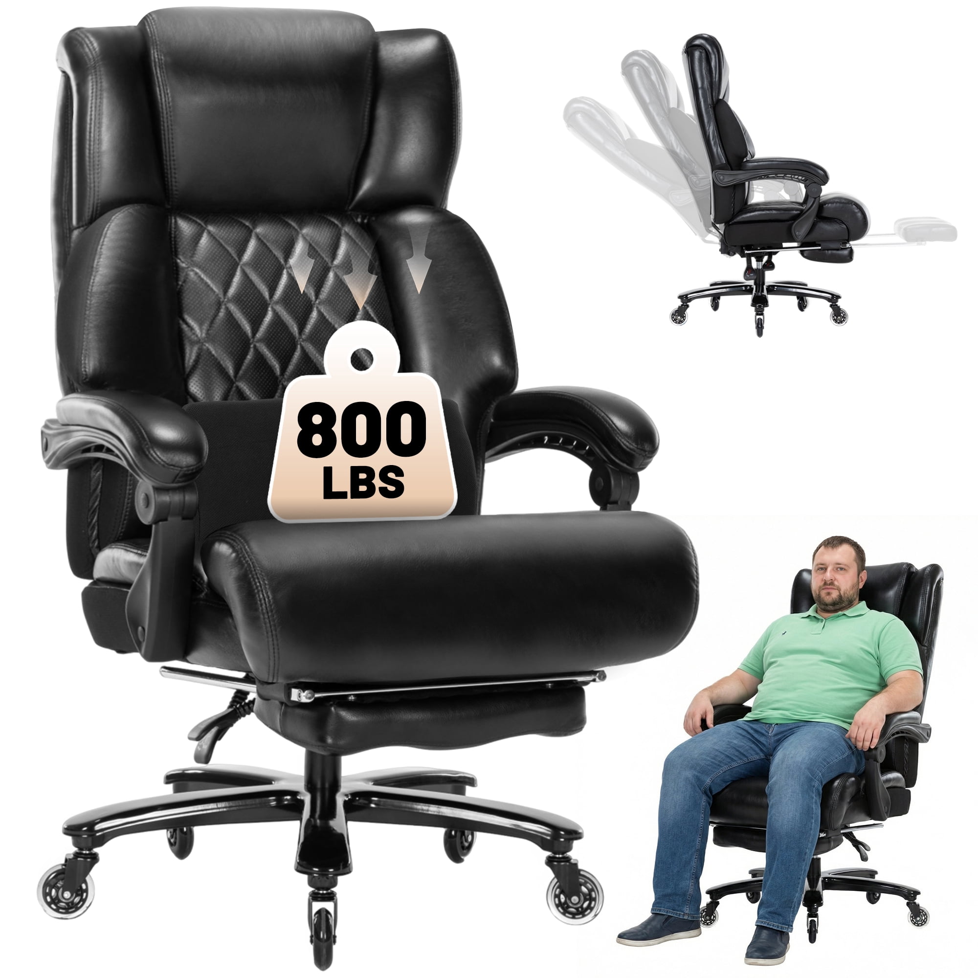 800lbs Big and Tall Breathable Leather Office Chair with Footrest, Heavy Duty Ergonomic Executive Desk Chair, 90°–155° Reclining High Back Computer Chair with Lumbar Support, Wide Seat for 5'3"–6'4"