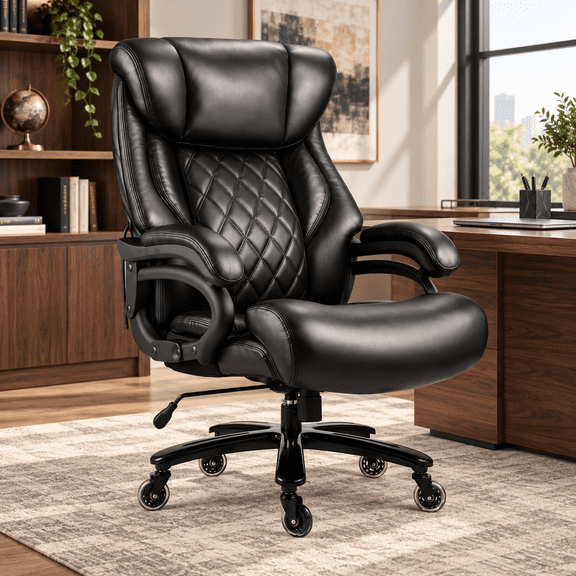 800lbs Executive Office Chairs, Big and Tall Desk Chair with Adjustable Lumbar Support, Leather Computer Chair with Quiet Rubber Wheel and Extra Wide seat