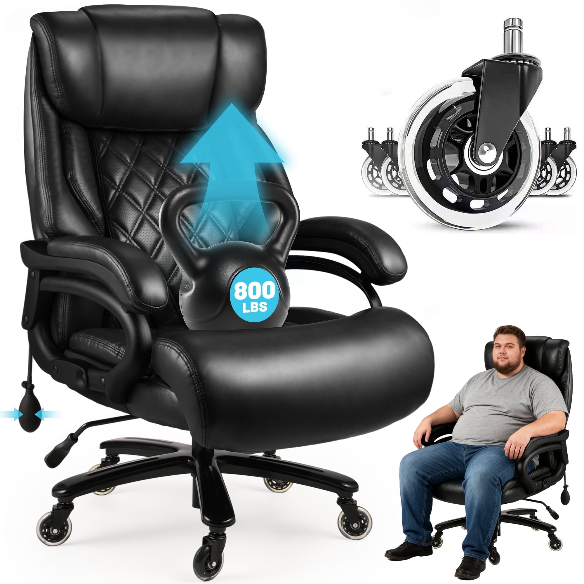 800lbs Executive Office Chairs, Big and Tall Desk Chair with Adjustable Lumbar Support, Leather Computer Chair with Quiet Rubber Wheel and Extra Wide seat