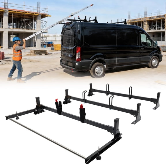 800lbs Van Roof Ladder Rack with Rear Roller Fits for 2015-2026 Ford Transit 150 250 350, Steel Cargo Van Rack with Anti-Rust Coating, Ideal for Transporting Ladders, Pipes