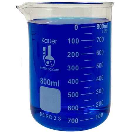 800ml Beaker, Low Form Griffin, Borosilicate 3.3 Glass, Double-Scale Graduations, Karter Scientific 247N4 (Pack 1)