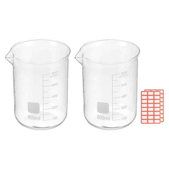 800ml Glass Beaker, 2 Pack Measuring Glass Beaker Graduated Borosilicate Lab Cups Mug Low Form  Heat Safe Transparent with Spout Label for Laboratory Science Kitchen Liquids