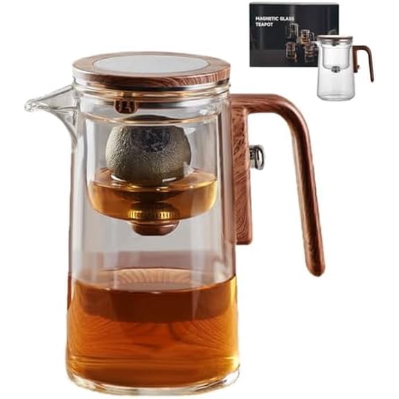 800ml Glass Tea Pot with Infuser Lid, Wooden Handle Water Separation Teapot, Press Control Tea Pot, 2 in 1 Magic Teapot for Loose Leaf Herbal Tea$$Home Decor, Kitchen, & Other
