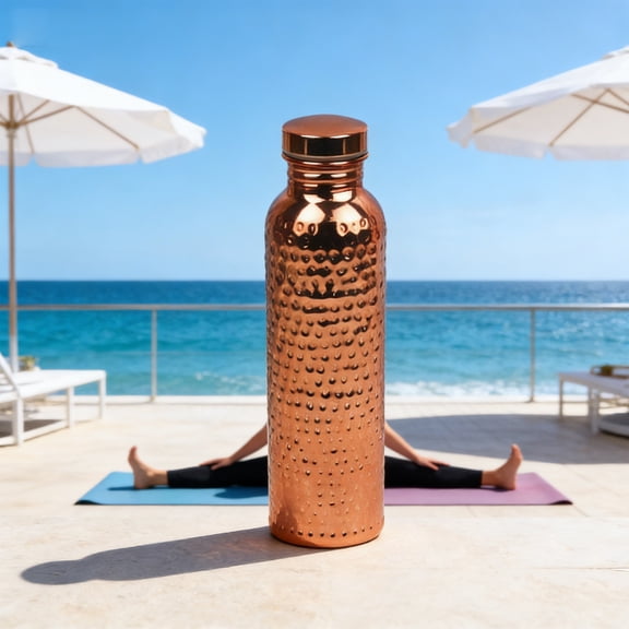 800ml Handmade Polished Copper Ayurvedic Water Bottle, Hammered Texture Copper Water Jug, Yoga Fitness Hydration Bottle for Healthy Daily Drinking Home Use, 2.8*10.55in, Bronze