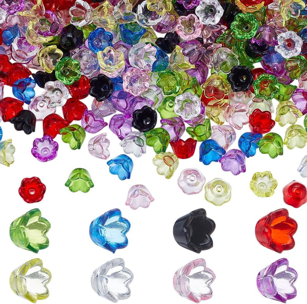 800pcs 8 Colors Transparent Acrylic Flower Bead Caps Lily of The Valley Trumpet Flower Beads Floral Spacer Bead Caps with Center Hole for Earring Bracelet Jewelry Making DIY Craft Bulk