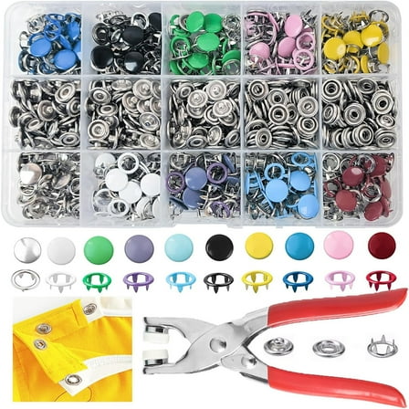 800pcs Metal Snaps Buttons with Fastener Pliers Press Tool Kit Perfect for DIY Crafts Clothes Hats and Sewing, Snap Button Fasteners Kit for Clothing Sewing 200 sets,10 Colors,9.5mm