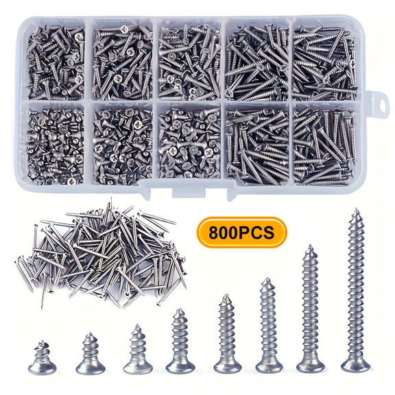 800pcs Pan Head Self-Tapping Screws Assortment Kit, 8 Sizes Wood Screws Assorted Pack, 304 Stainless Steel