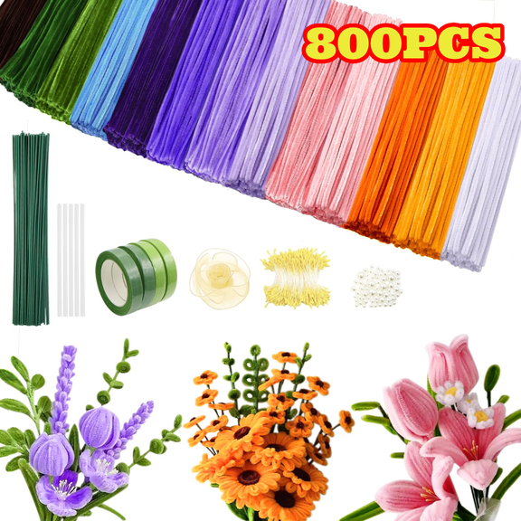800pcs Pipe Cleaners Craft Kit, Assorted Colors, 13 Colors Chenille Stems with Decor Pearls, Flower Stems and Rubber Sticker, DIY Flower Making Set