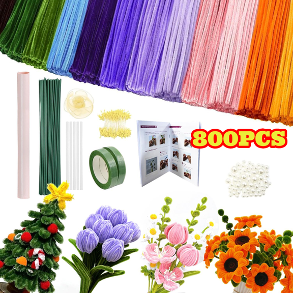 800pcs Pipe Cleaners with Floral Wires & Gardening Tape, 13 Colors Chenille Stems Pipe Cleaners for Flower Bouquet Making, DIY Craft Projects and Decorations