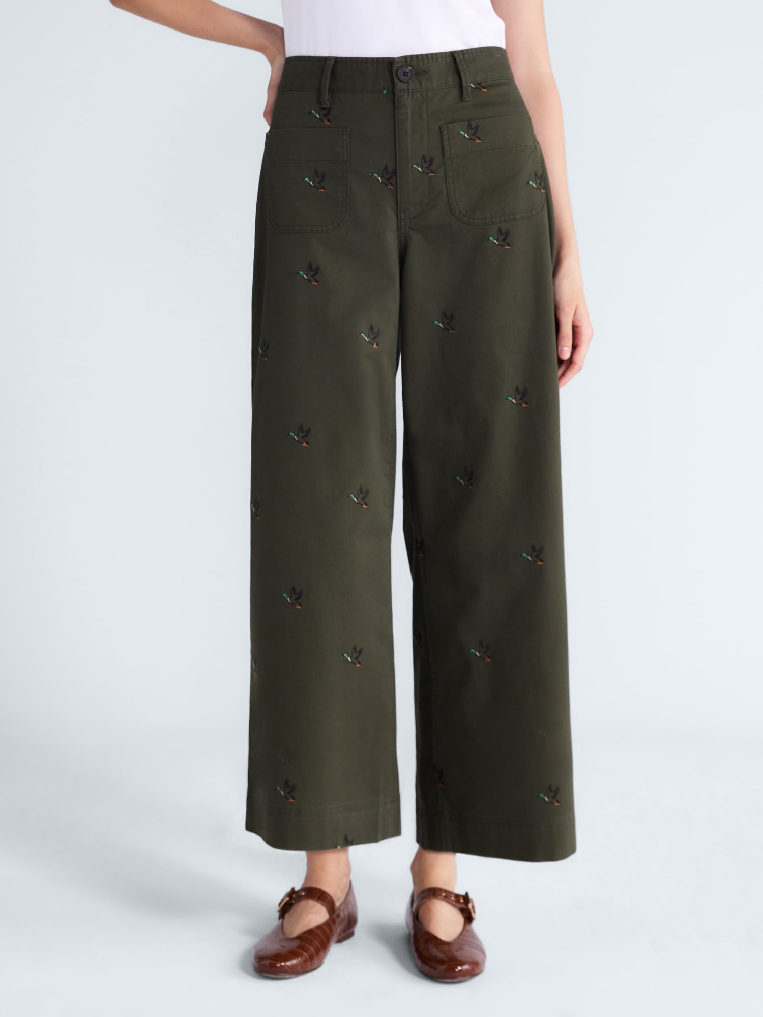 Free Assembly Women's The Larchmont Embroidered Cropped Patch Pocket Pants, 26" Inseam, Sizes XS-4X