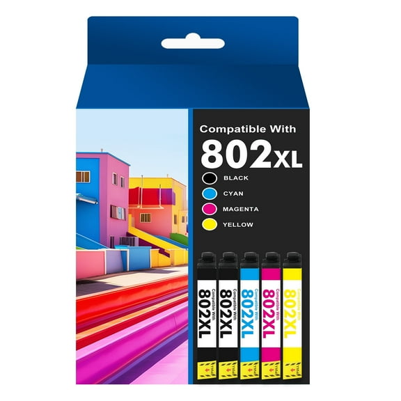802 802xl Ink Cartridges Compatible for Epson ink 802 XL 802XL Workforce Pro WF-4730 WF-4720 WF-4734 Printer (5-Pack T802XL, 2Black Cyan Magenta Yellow)