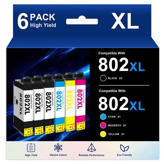 802 XL Ink Cartridge Compatible for Epson 802 802XL Ink Cartridge Workforce Pro WF-4730 WF-4720 WF-4734 Printer (6 Pack)