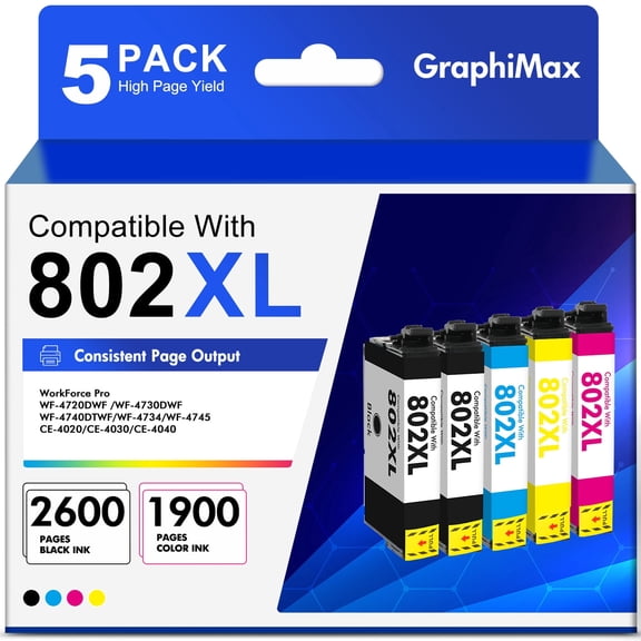 802 XL Ink Cartridge Compatible for Epson ink 802 Ink Cartridge for Epson 802XL Ink Cartridge for Workforce Pro WF-4730 WF-4720 WF-4734 Printer (5 Pack)