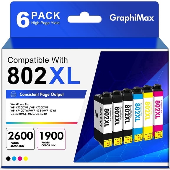 802 XL Ink Cartridge Compatible for Epson ink 802 Ink Cartridge for Epson 802XL Ink Cartridge for Workforce Pro WF-4730 WF-4720 WF-4734 Printer (6 Pack)
