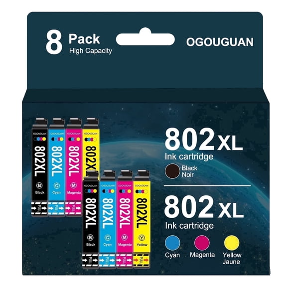 802XL Ink Cartridges 8-Pack  Compatible with WF-4740, WF-4730, WF-4720, EC-4020, EC-4030 (Black + Color)