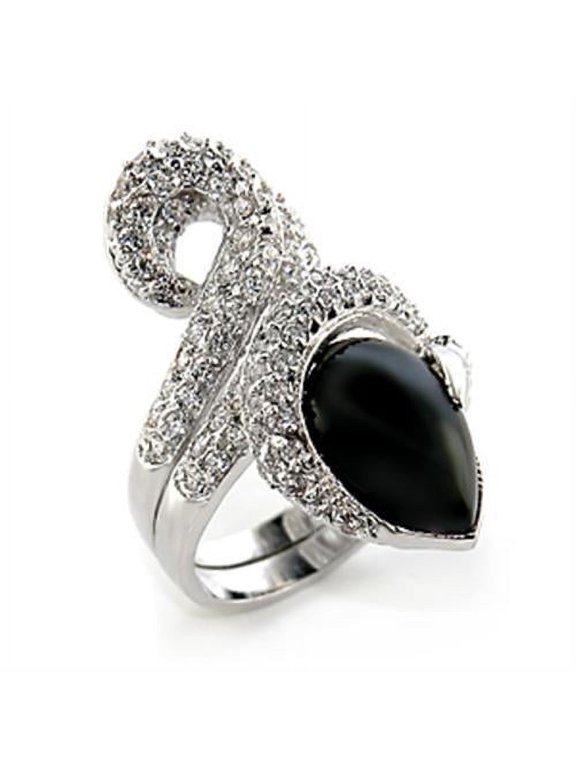 80207 - Rhodium Brass Ring with Semi-Precious Agate in Jet
