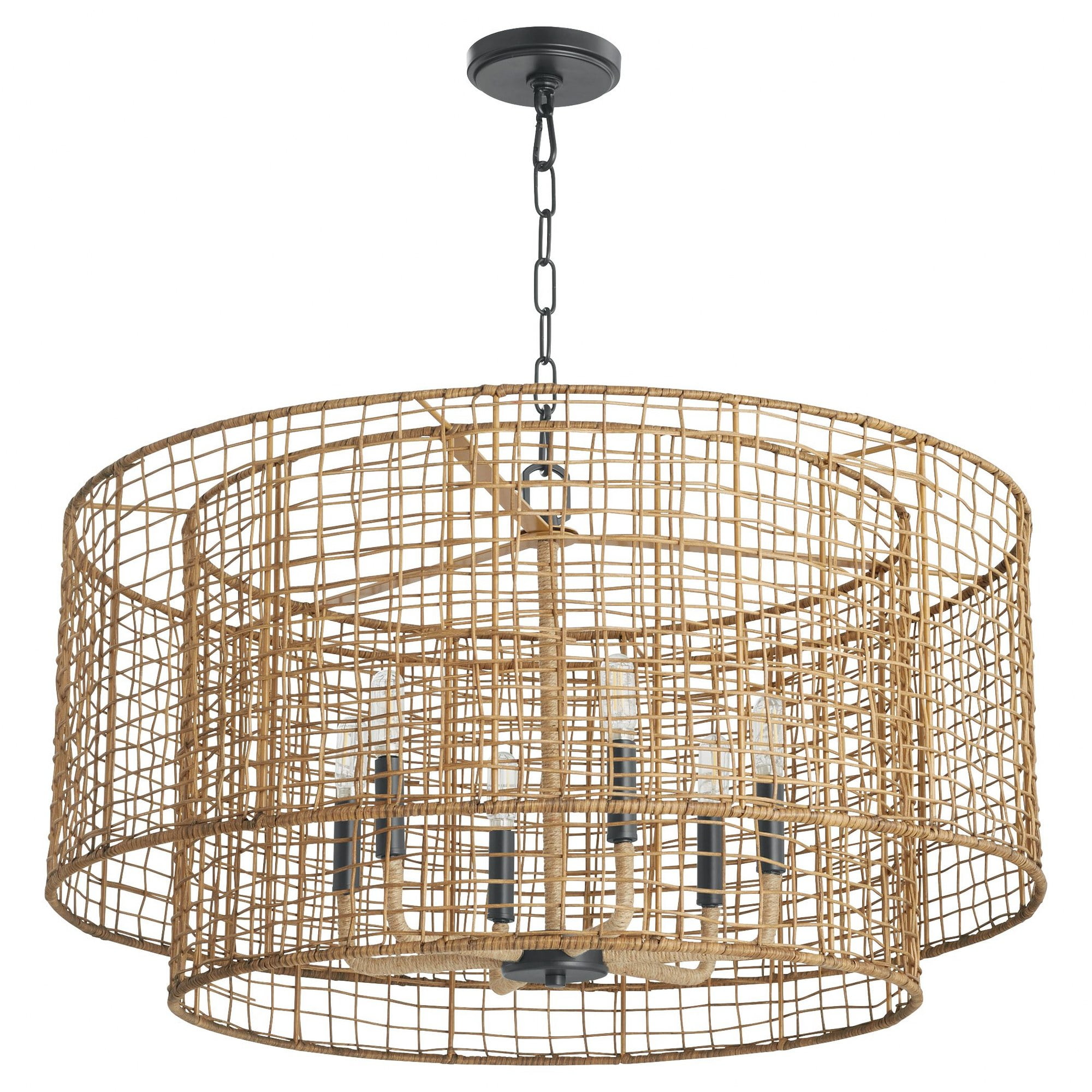 Abaca Matte Black and Rattan 6-Light Indoor/Outdoor Pendant