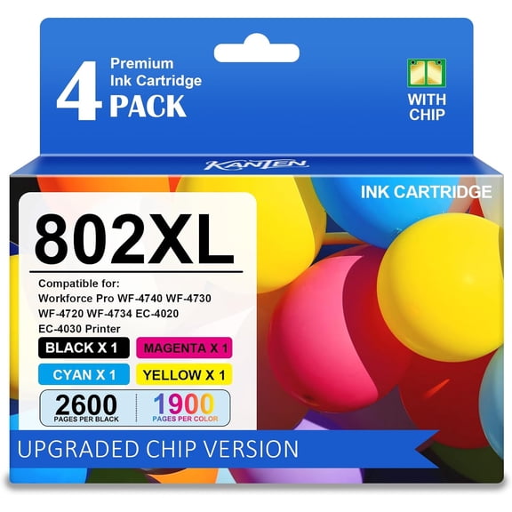 802XL Ink Cartridges 4-Pack Combo Compatible with Epson WorkForce Pro WF-4740 WF-4730 WF-4720 EC-4020 EC-4030 Printers