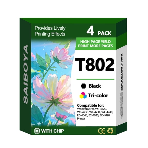 802XL Ink Cartridges 4-Pack Combo Compatible with Epson WorkForce Pro WF-4740 WF-4730 WF-4720 EC-4020 EC-4030 Printers