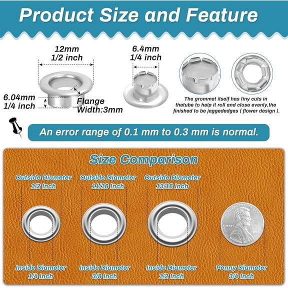 803 Pieces Metal Eyelet Tool Kit, 6mm 1/4 Inch (Inner Hole Size) Eyelet Kit, Contains 400 Eyelets, 400 Washers, and Eyelet Pliers for Leather/Belt/Shoes/Handmade