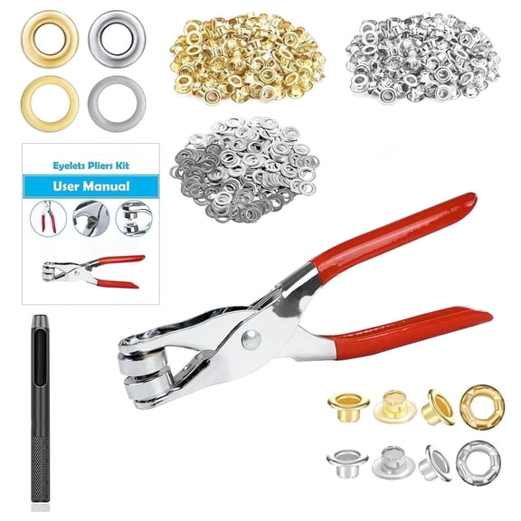 OFEFE 803Pcs Grommet Eyelet Pliers Kit, 1/4 inch 6mm(Inside Diameter) Grommet Tool Kit with 800 Metal Eyelets with Washers in Gold and Silver, Eyelet Hand Press Kit for Leather/Belt/Shoes/Crafts