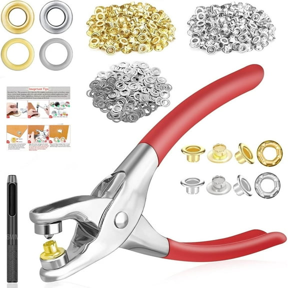 803Pcs Grommet Tool Kit with Eyelet Pliers, Gogcaro 1/4 Inch 6mm(Inside Diameter) Grommet Eyelet Pliers Kit with Washers, and Hole Punch Grommet Hand Press kit (200Set Silver + 200Set Gold)