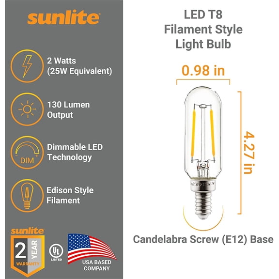 80498 LED Filament T8 Tubular Light Bulb, 2 Watts (25W Equivalent), Candelabra E12 Base, Dimmable, 85 mm, UL Listed, 130 Lumens, 2700K Warm White, 6 Count