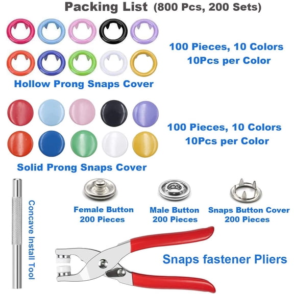 804Pcs Snap Button Kit, 9.5 mm Metal Snaps for Fabric with Fastener Pliers Press Tool, Button Snaps Repair Kit for Clothing Sewing Crafting Leather Dress Jeans (10 Colors, Hollow)