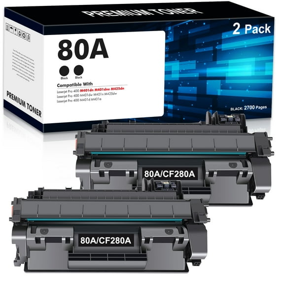 80A Black Toner Cartridge | Works with HP LaserJet Pro 400 M401 M401A M401D M401N M401DNE MFP M425 M425DN Printer | CF280A for HP 80A (CF280AD1) 80X CF280X Ink (2-Pack)