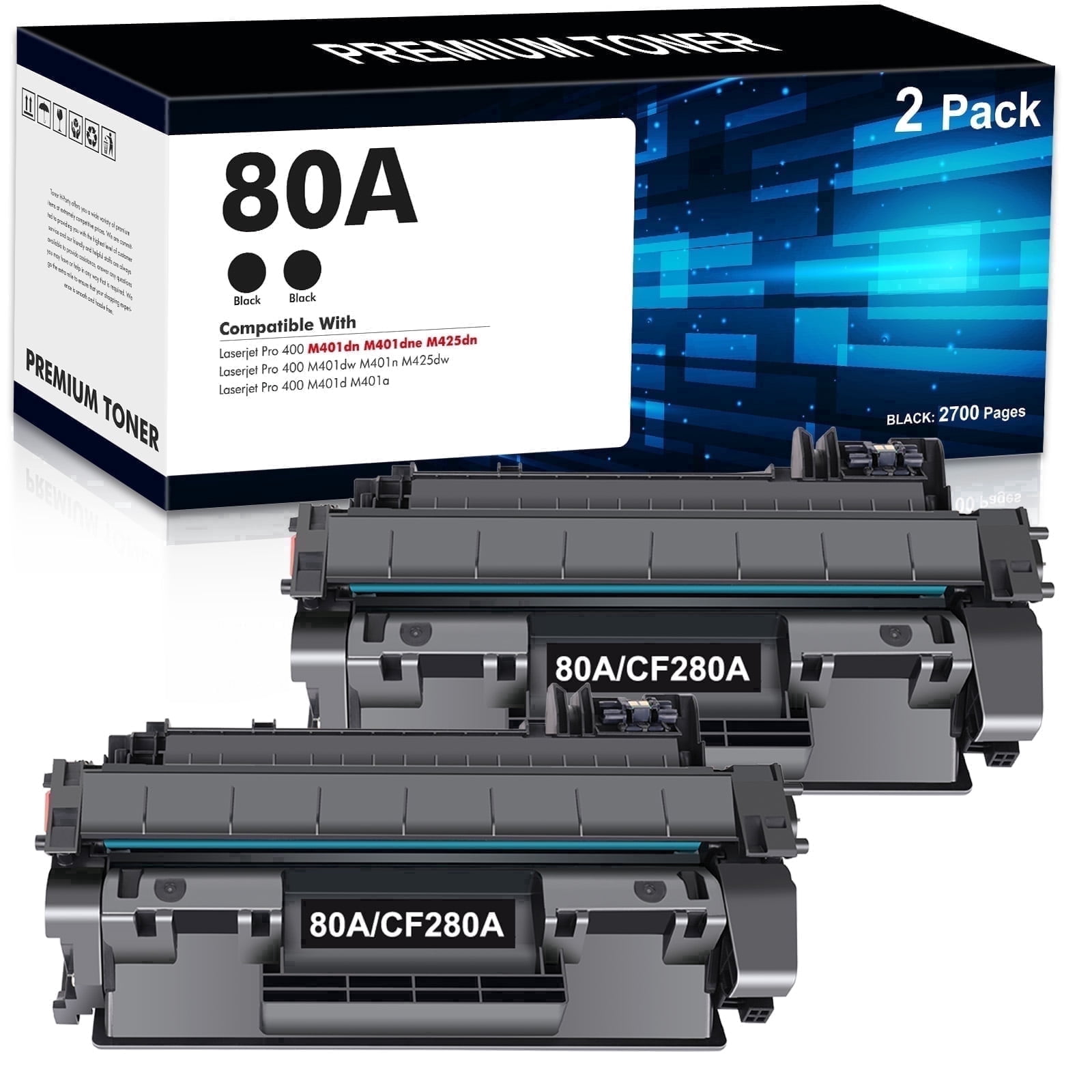 Compatible for 80A Black Toner Cartridge LaserJet Pro 400 M401 M401A M401D M401N M401DNE MFP M425 M425DN Printer | CF280A for HP80A (CF280AD1) 80X CF280X Ink (2-Pack)