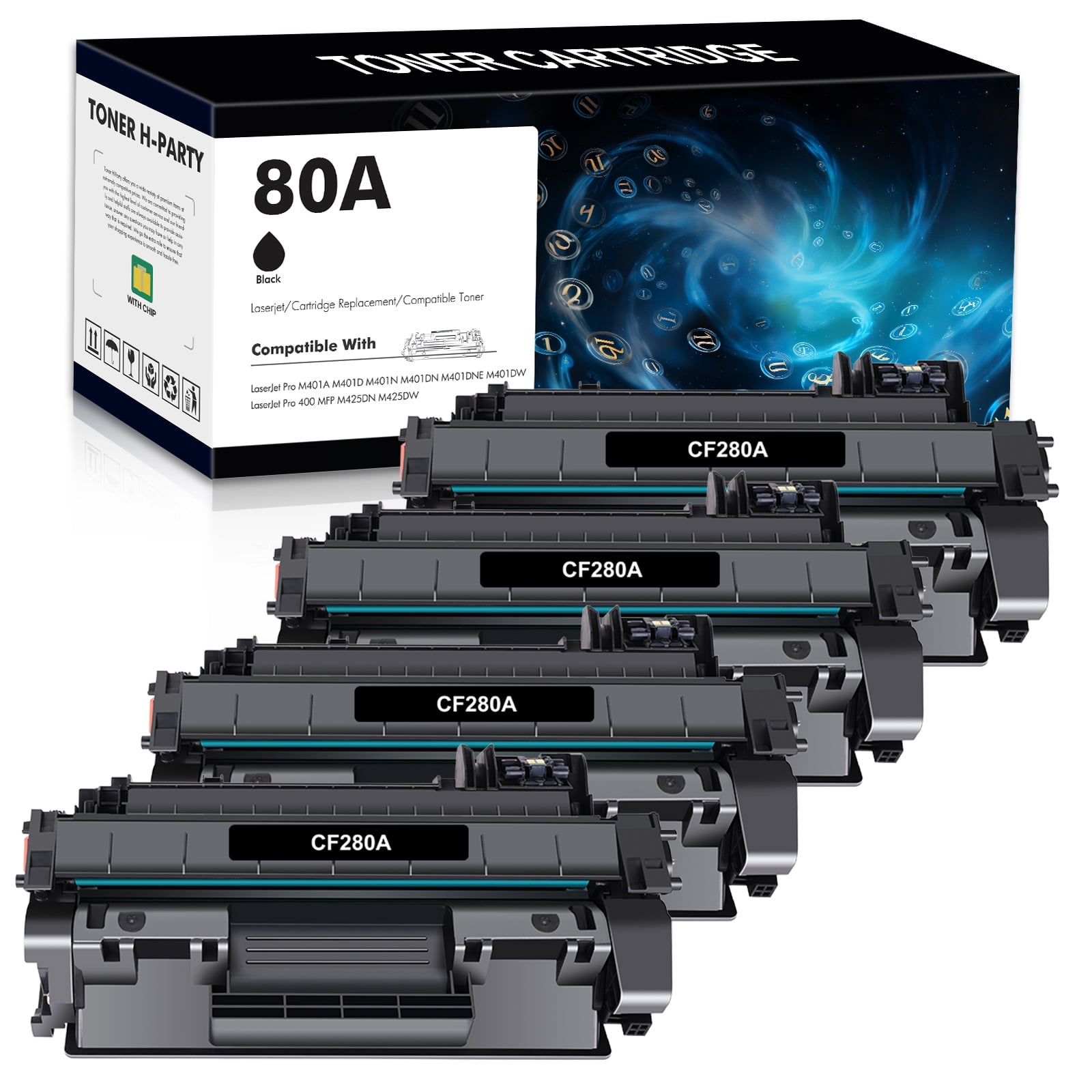 80A Toner Cartridge CF280A Compatible for 𝗛𝗣 𝟴𝟬𝗔 CF280A CF280X LaserJet Pro M401dn M401dne M401dw M401n M425dn M401 M425 Printer Ink (Black, 4-Pack)