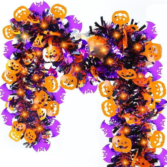 80IN Halloween Garland Decoration, Shiny Foil Tinsel Garland with Orange Pumpkin Black Spider Purple Bat Type A for Home Tree Indoor Party Decor