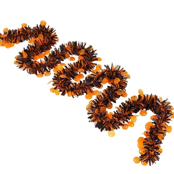 80IN Halloween Garland Decoration, Shiny Foil Tinsel Garland with Orange Pumpkin Black Spider Purple Bat Type C for Home Tree Indoor Party Decor
