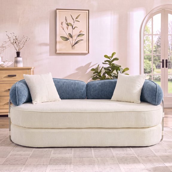 80InConvertible Modular Sleeper Sofa Couch Bed, 5-in-1 Modular Foldable Couch No Assembly,Corduroy Futon Memory Foam Pull Out Couch with 2 Pillows, Boneless Compressed Sofa for Living Room,White&Blue