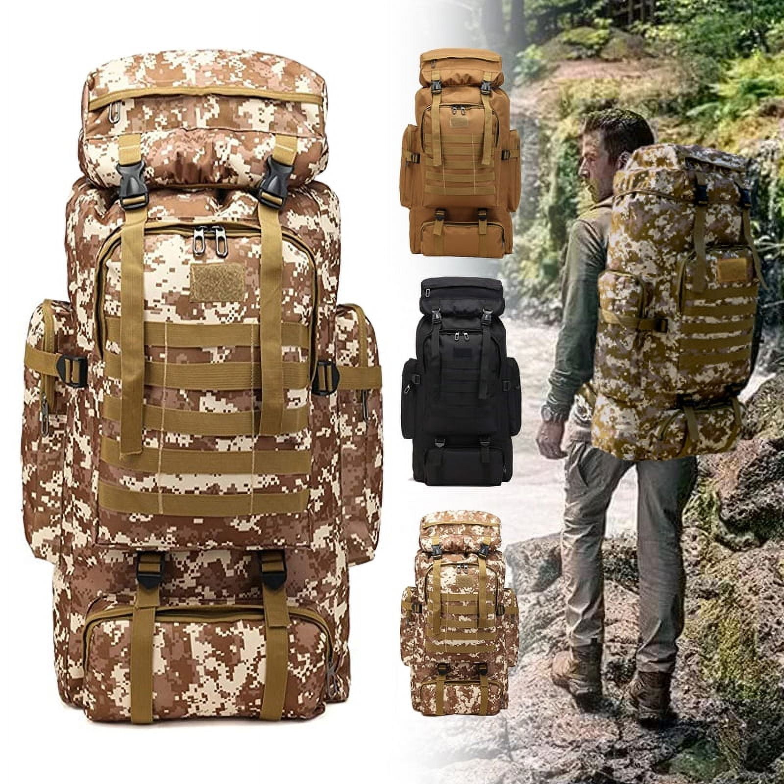 EISHOW 80L Outdoor Hiking Backpack, Large Capacity Waterproof Assault Pack  Tactical Bag Molle Military Rucksack (Beige)