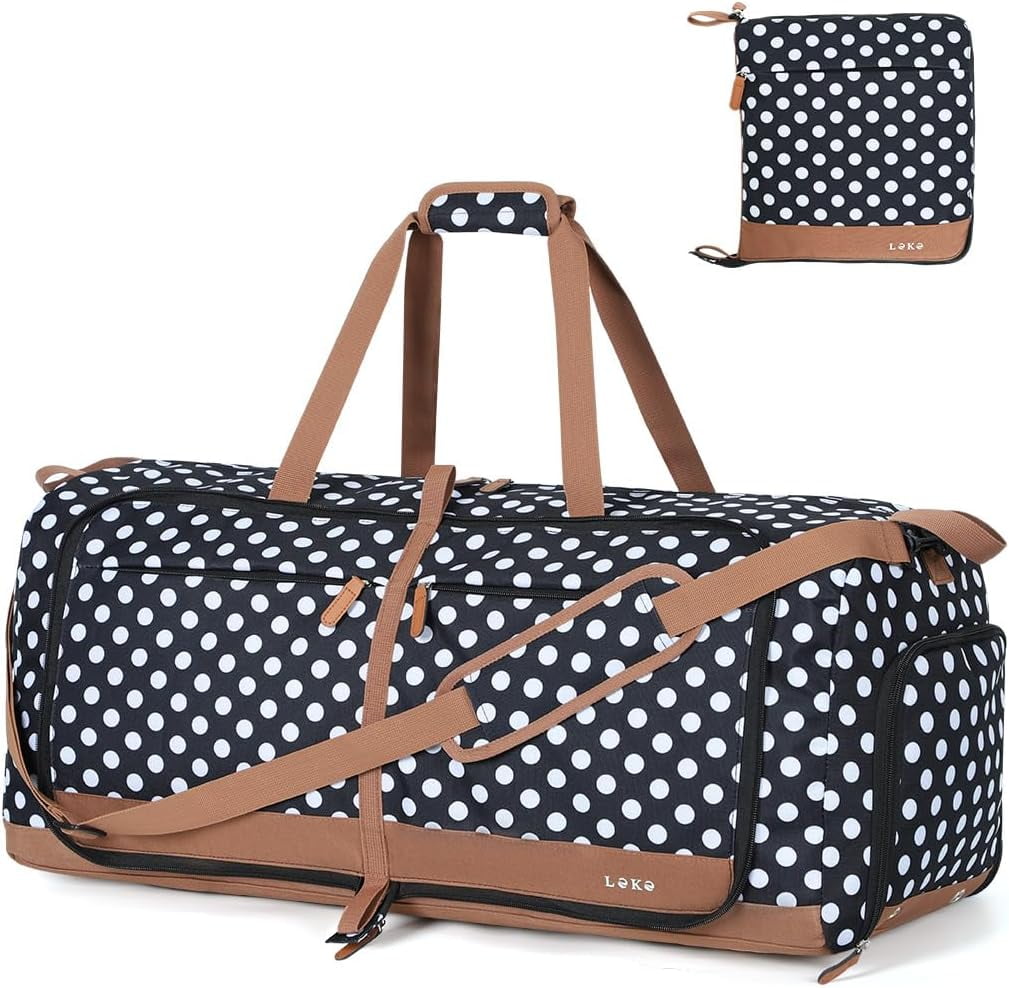 80L Large Foldable Travel Duffle Bag for Women - Separate Shoe Compartment, Carry On Weekend/Overnight/Hospital Bag with Straps (Blue Stripes)
