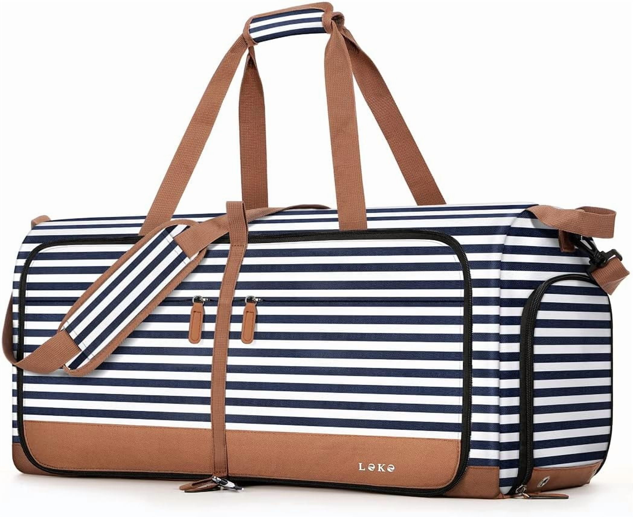 80L Large Foldable Travel Duffle Bag for Women - Separate Shoe Compartment, Carry On Weekend/Overnight/Hospital Bag with Straps (Blue Stripes)