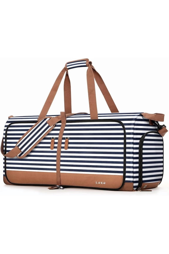 80L Large Foldable Travel Duffle Bag for Women - Separate Shoe Compartment, Carry On Weekend/Overnight/Hospital Bag with Straps (Blue Stripes)
