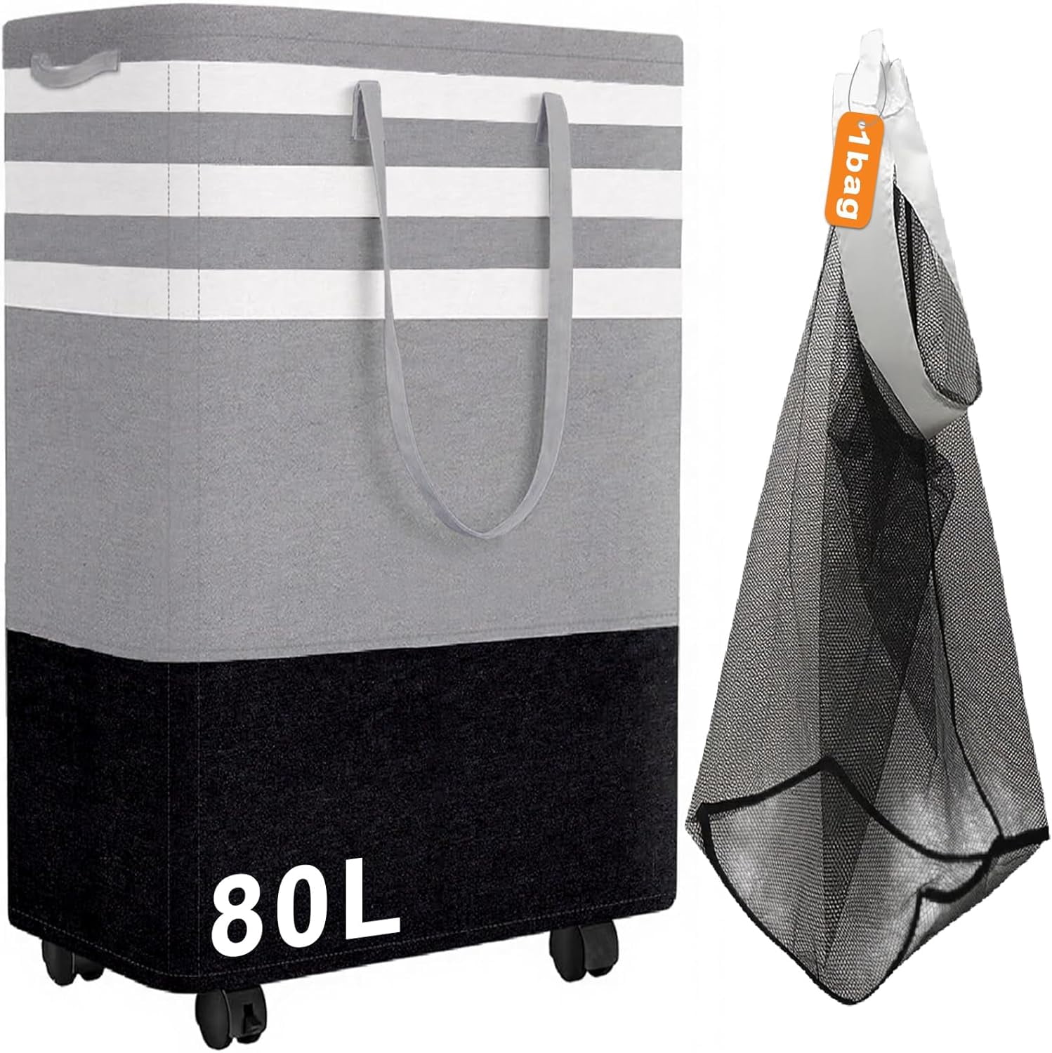 80L Large Laundry Hamper with 4 Wheels, Collapsible Waterproof Laundry Basket with Handles, Rolling Freestanding Clothes Hamper for Bedroom, Bathroom, Laundry Room, Dorm
