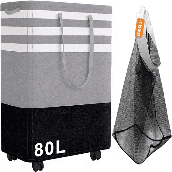 80L Large Tall Laundry Hamper with 4 Wheels, Collapsible Waterproof Freestanding Basket with Removable Bag and Handles for Bedroom, Bathroom, Dorm & Laundry Room (Gray,S)