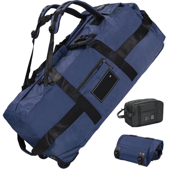 80L Rolling Duffel Bag with Wheels, Large 31 Inch Durable Travel Duffle + Toiletry Bag, , Packable, Foldable w/ Straps- Use as Luggage or Backpack, Men/Women (Blue)