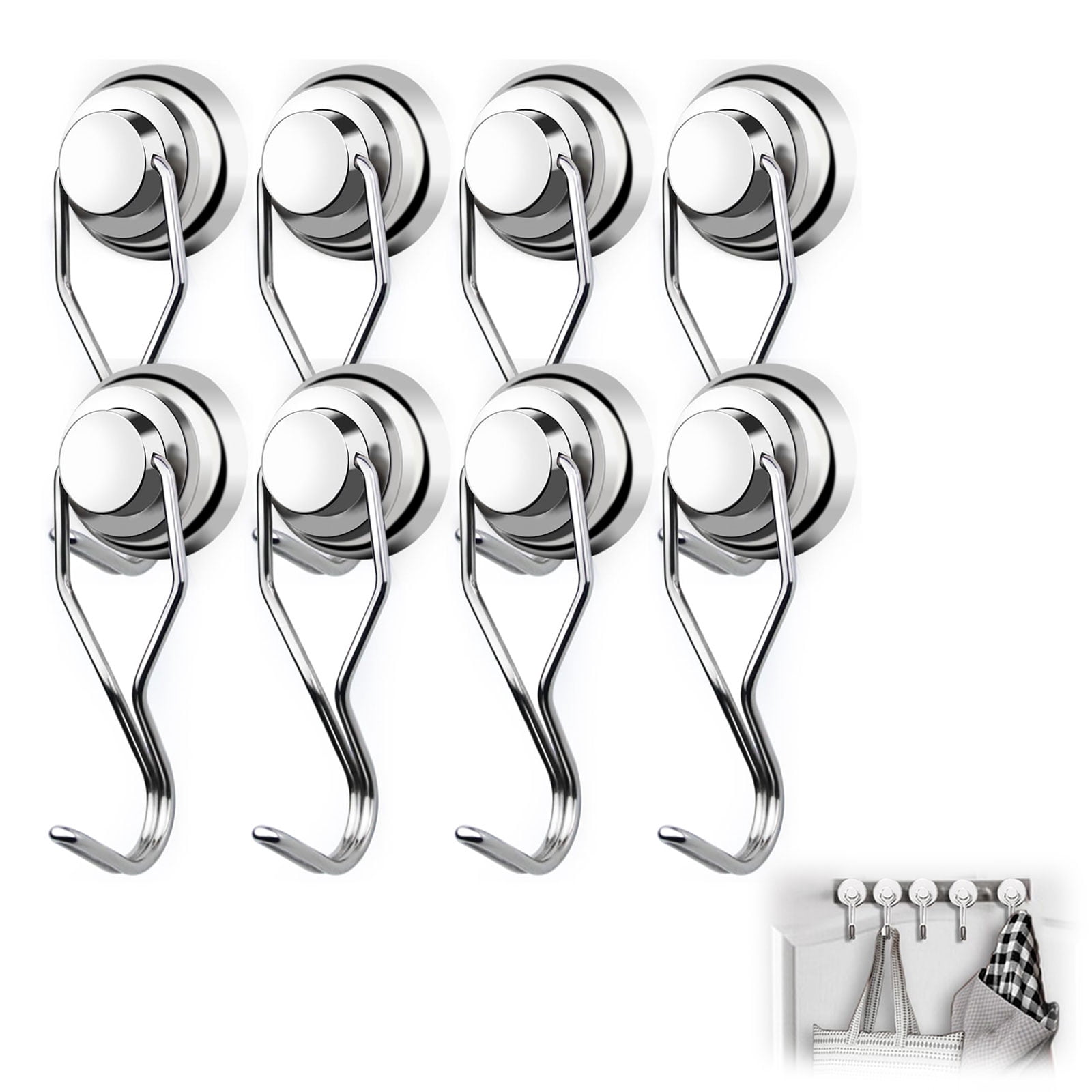 80LB Upgraded Swivel Magnetic Hooks, 2.66In Neodymium Magnets for Refrigerator, Strong Holding for Vertical & Horizontal Surfaces (Silver, 8PC)
